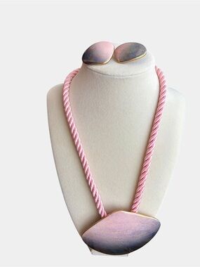 Pink Rope Necklace with Iridescent Pendant and Matching Earrings